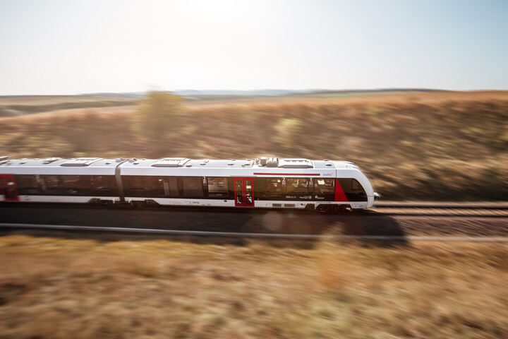 Ein Zug des Typs LINT41 fährt durch eine sommerliche Landschaft