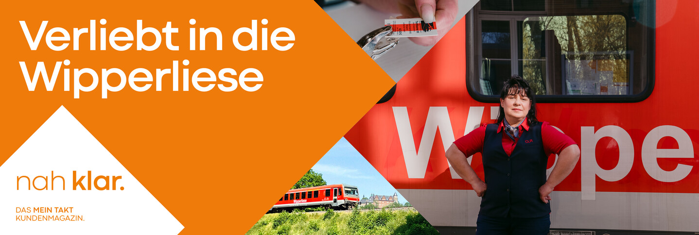 Eine Frau in Bahnuniform steht vor einem rot-weißen Zug. Der rot-weiße Zug fährt bergauf. Eine Person locht eine Papierfahrkarte. Neben den Bildern steht der Schriftzug ‚Verliebt in die Wipperliese‘ 