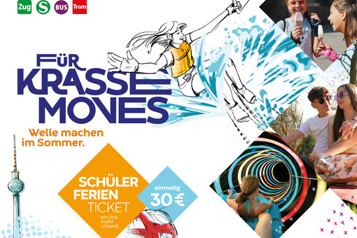 Poster zum Schülerferienticket. Unter dem Motto  ‚Für krasse Moves‘ informiert es darüber, dass das Ticket einmalig 30 Euro kostet.