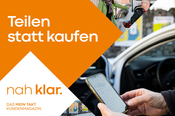 Ein Mensch sitzt in einem, Auto und nutzt eine App auf dem Handy. Eine Frau und ein Mann unterhalten sich. Ein weißes Auto mit dem Aufdruck jetzt-mobil.de parkt. . Neben den Bildern steht der Schriftzug ‚Teilen statt kaufen ‘