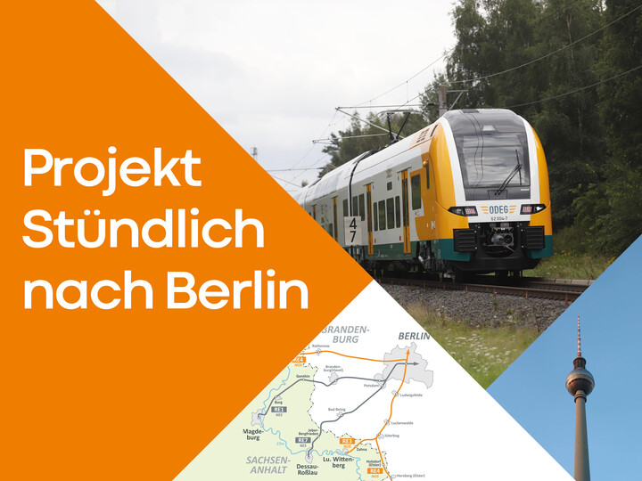 Karte der Verbindungen nach Berlin, ein grün-weißer Zug, der Berliner Fernsehturm. Neben den Bildern steht der Schriftzug ‚Projekt Stündlich nach Berlin‘.