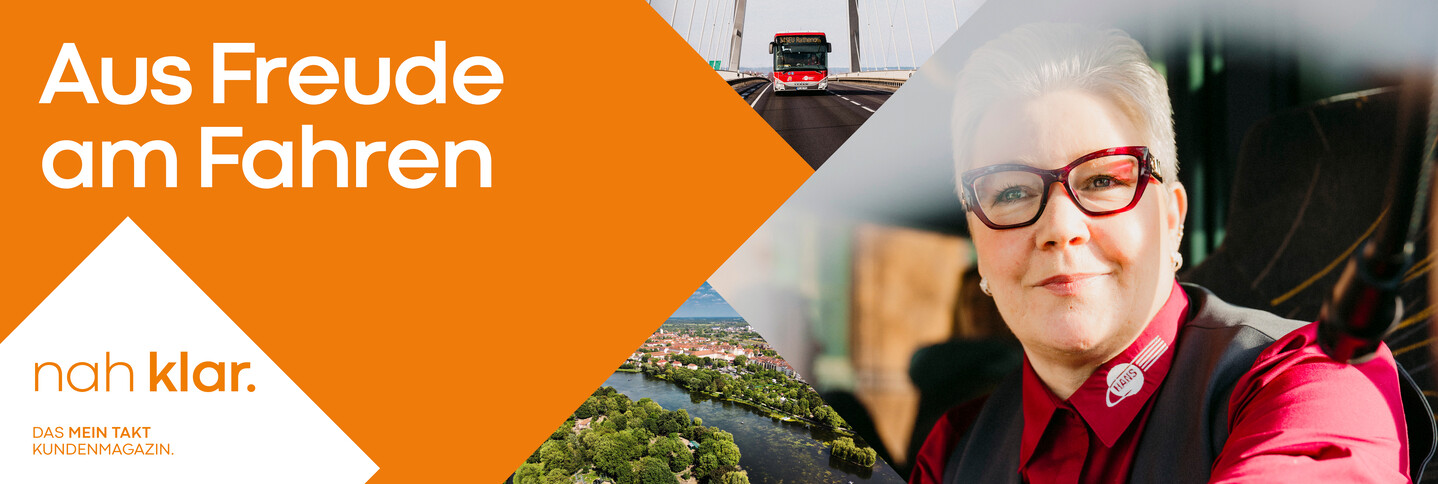 Auf dem Titelbild steht „Aus Freude am Fahren.” Neben einem orangen Balken sind eine Busfahrerin in roter Uniform, ein Bus und eine grüne Landschaft zu sehen.