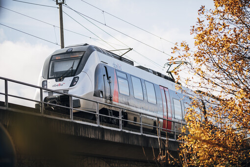 En schwarz-silberner Zug vom Typ Bombardier Talent 2 von Abellio Rail Mitteldeutschland fährt eine Brücke herauf. Am rechten Rand ist ein herbstlicher Baum zu sehen