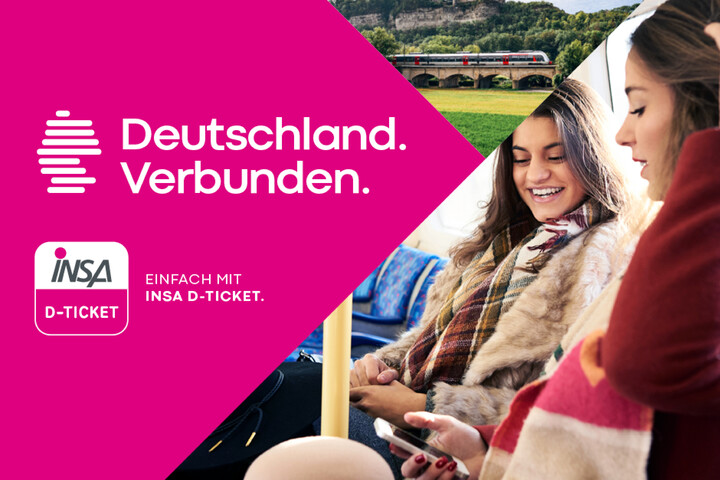 Zwei junge Frauen sitzen im Zug, ein Zug fährt vorbei. Neben dem INSA-D-Ticket-Logo steht der Schriftzug: ‚Deutschland. Verbunden. EINFACH MIT INSA-D-TICKET‘. “