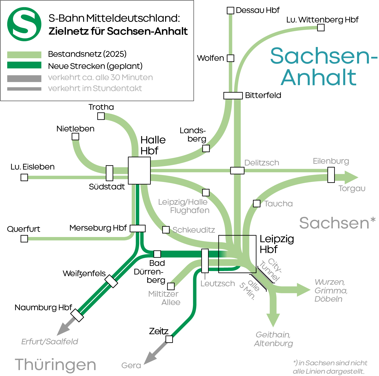 Karte des Zielnetzes für die S-Bahn Mitteldeutschland